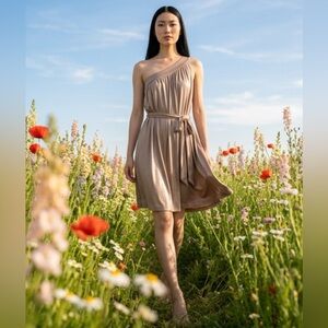 As U Wish One-Shoulder Taupe Dress with Waist Tie